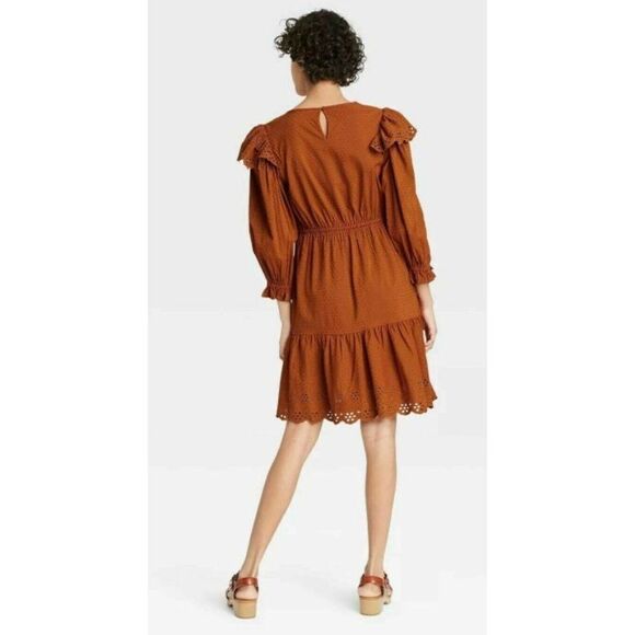 Universal Thread Long Sleeve Dress Small Brown Women's Eyelet-Detail Ruffled NEW - Picture 12 of 13